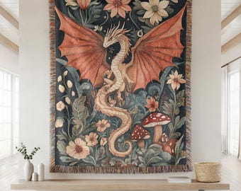 Dragon Woven Blanket, Medieval Aesthetic Throw, Fairytale Inspired Decor, Cottagecore Fairycore Goblincore Tapestry, Mystical Woodland Gift