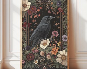 Vintage Crow Wall Art, Dark Cottagecore Home Decor, Aesthetic Posters, Dark Academia Print, Raven Wildflower Lover Gift, Printed and Shipped