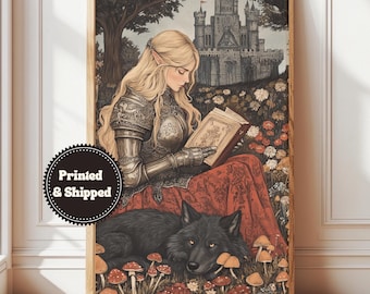 Lady Knight Reading Wall Art, Whimsical Decor, Moody Fairytale Aesthetic Posters, Light Academia Print, Bookworm Gift, Printed and Shipped
