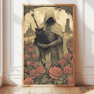 Medieval Knight and Black Cat Wall Art, Fantasy Maximalist Home Decor, Moody Victorian Posters, Goth Knightcore Print, Printed and Shipped