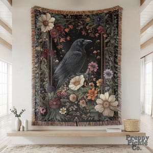 Goth esthetische deken geweven muur hangend gotisch interieur donker academia tapijt, donker cottagecore vintage tapijt wilde bloemen kraai decor