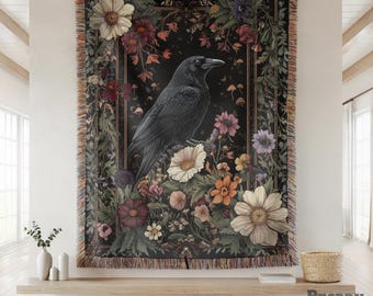 Goth Aesthetic Blanket Woven Wall Hanging Gothic Home Decor Dark Academia Tapestry, Dark Cottagecore Vintage Wildflower Tapestry Crow Decor