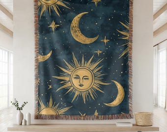 Manta tejida de sol y luna boho, tapiz celestial vintage, acogedor regalo de decoración del hogar bohemio, tapiz de pared con cielo nocturno de estilo retro de los años 90