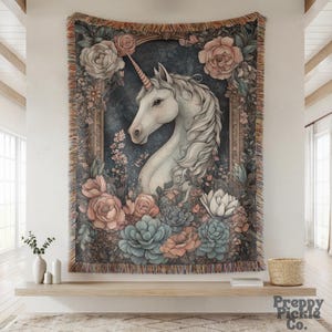 Medieval Unicorn Woven Blanket, Unicorn Lover Gift, Cottagecore Fairytale Inspired Tapestry, Magical Animal Decor, Aesthetic Plush Throw