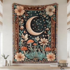 Crescent Moon Woven Throw, William Morris Inspired Plush Blanket Moody Botanical Wall Hanging, Cottagecore Gift for Her Dark Academia Decor