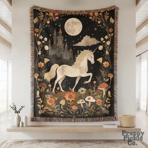 Medieval Unicorn Woven Blanket, Unicorn Lover Gift, Cottagecore Fairytale Inspired Tapestry, Magical Animal Decor, Moon Aesthetic Throw