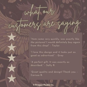 May include: A decorative image with the text "what our customers are saying" in a cursive font. The background features a phoenix design and floral elements. Customer reviews are displayed with a five-star rating.