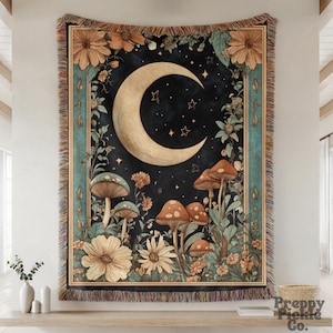Crescent Moon Woven Throw, William Morris Inspired Plush Blanket Moody Botanical Wall Hanging, Cottagecore Gift for Her Dark Academia Decor