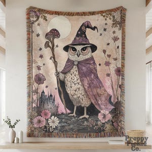 Vintage Owl Wizard Woven Throw, Magical Fantasy Home Decor Blanket, Medieval Fairytale Inspired Decor, Cottagecore Fairycore Goblincore Gift