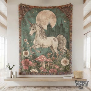 Medieval Unicorn Woven Blanket, Unicorn Lover Gift, Cottagecore Fairytale Inspired Tapestry, Magical Animal Decor, Aesthetic Wall Hanging