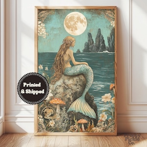 Vintage Mermaid Wall Art, Whimsical Cottagecore Home Decor, Aesthetic Posters, Light Academia Print, Fantasy Lover Gift, Printed and Shipped