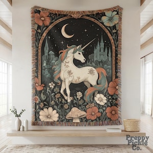 Medieval Unicorn Woven Blanket, Unicorn Lover Gift, Cottagecore Fairytale Inspired Tapestry, Magical Animal Decor, Moon Aesthetic Throw