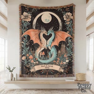 Personalized Dragon Couple Woven Throw, Custom Last Name Anniversary Blanket, Fantasy Wedding Keepsake Gift, Mr and Mrs Housewarming