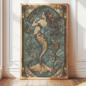 Vintage Mermaid Wall Art, Whimsical Cottagecore Home Decor, Aesthetic Posters, Light Academia Print, Fantasy Lover Gift, Printed and Shipped