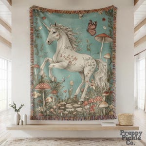 Medieval Unicorn Woven Blanket, Unicorn Lover Gift, Cottagecore Fairytale Inspired Tapestry, Magical Animal Decor, Aesthetic Plush Throw