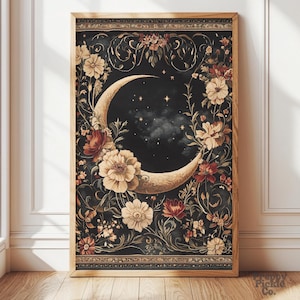 Wassende maan kunst aan de muur, Dark Cottagecore Celestial Gift, Fairycore Goblincore Home Decor, posterprint mystieke fantasie, gedrukt en verzonden
