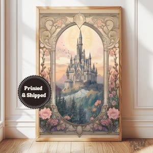 Medieval Castle Wall Art, Victorian Fairytale Poster, Whimsical Fantasy Home Decor, Princess Floral Landscape Print, Printed and Shipped