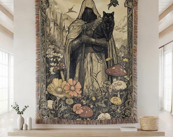 May include: A tapestry featuring a hooded figure holding a black cat, surrounded by flowers and mushrooms. The background depicts a castle and a forest.