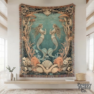 Vintage Mermaid Woven Blanket, Light Academia Wall Hanging Tapestry, Nautical Cottagecore Decor, Mermaid Lover Aesthetic Throw, Ocean Gifts