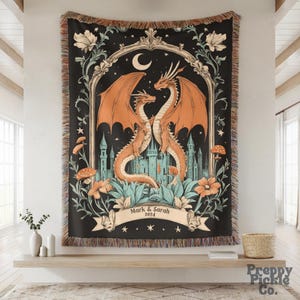 Personalized Dragon Couple Woven Throw, Custom Last Name Anniversary Blanket, Fantasy Wedding Keepsake Gift, Mr and Mrs Housewarming