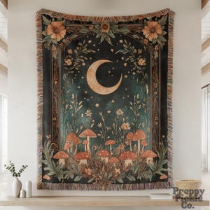 Crescent Moon Woven Throw, William Morris Inspired Plush Blanket Moody Botanical Wall Hanging, Cottagecore Gift for Her Dark Academia Decor