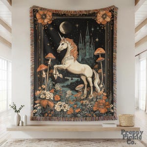 Medieval Unicorn Woven Blanket, Unicorn Lover Gift, Cottagecore Fairytale Inspired Tapestry, Magical Animal Decor, Moon Aesthetic Throw