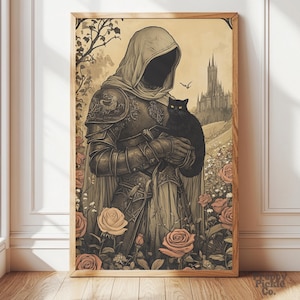 Medieval Knight and Black Cat Wall Art, Fantasy Maximalist Home Decor, Moody Victorian Posters, Goth Knightcore Print, Printed and Shipped
