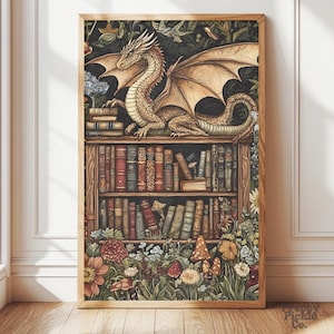 May include: A framed art print featuring a detailed illustration of a golden dragon perched atop a bookshelf filled with antique books. The scene is surrounded by colorful flowers, mushrooms, and foliage, creating a fantasy theme. The artwork is set in a wooden frame.