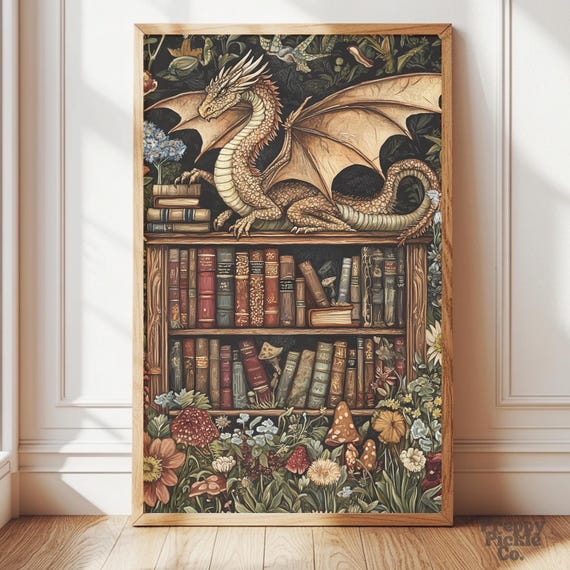 Medieval Enchanted Dragon Bookshelf Wall Art, Gift for Eclectic Reader, Dark Cottagecore Home Decor, Mystical Poster, Printed and Shipped