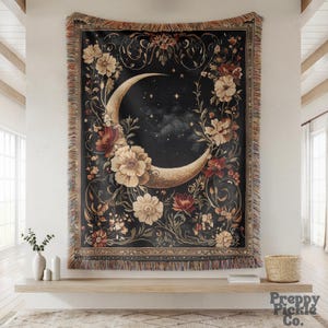 Crescent Moon Woven Throw, William Morris Inspired Plush Blanket Moody Botanical Tapestry, Dark Cottagecore Gift for Her Dark Academia Decor