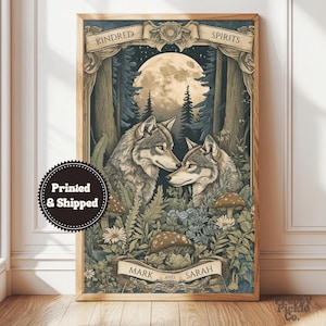 Wolf Paar Poster, personalisierte Hochzeitsgeschenk, Wald Wand Kunst, Cottagecore Wohnkultur, benutzerdefinierte Namen Andenken, gedruckt und ausgeliefert