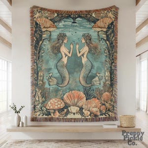 Vintage Mermaid Woven Blanket, Light Academia Wall Hanging Tapestry, Nautical Cottagecore Decor, Mermaid Lover Aesthetic Throw, Ocean Gifts
