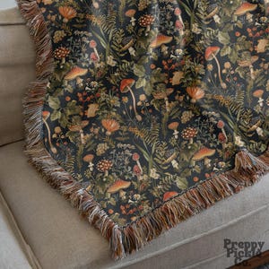 Vintage Black Woven Mushroom Blanket, Cottagecore Throw Gift for Mushroom Lover 100% Cotton Woven Blanket, Aesthetic Fringe Blanket Mom Gift image 2