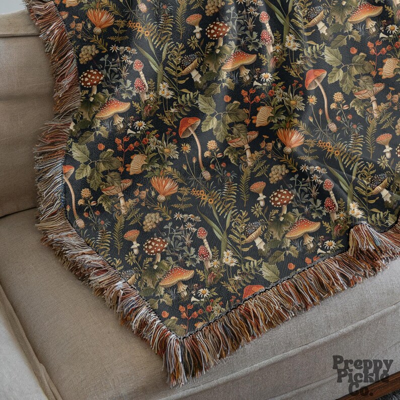 Vintage Black Woven Mushroom Blanket, Cottagecore Throw Gift for Mushroom Lover 100% Cotton Woven Blanket, Aesthetic Fringe Blanket Mom Gift image 2