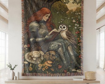 Lady Knight Reading in the Forest Woven Throw Aesthetic Fairytale Inspired Decor Fairycore Goblincore Tapestry Mystical Fantasy Blanket Gift
