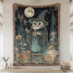 Vintage Owl Wizard Woven Throw, Magical Fantasy Home Decor Blanket, Medieval Fairytale Inspired Decor, Cottagecore Fairycore Goblincore Gift
