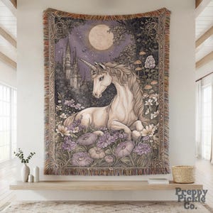 Medieval Unicorn Woven Blanket, Unicorn Lover Gift, Cottagecore Fairytale Inspired Tapestry, Magical Animal Decor, Aesthetic Plush Throw
