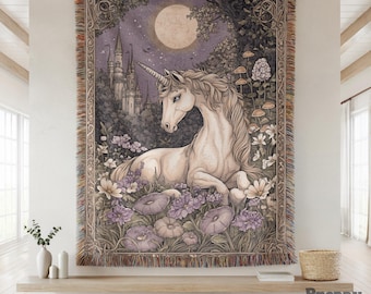 Medieval Unicorn Woven Blanket, Unicorn Lover Gift, Cottagecore Fairytale Inspired Tapestry, Magical Animal Decor, Aesthetic Plush Throw
