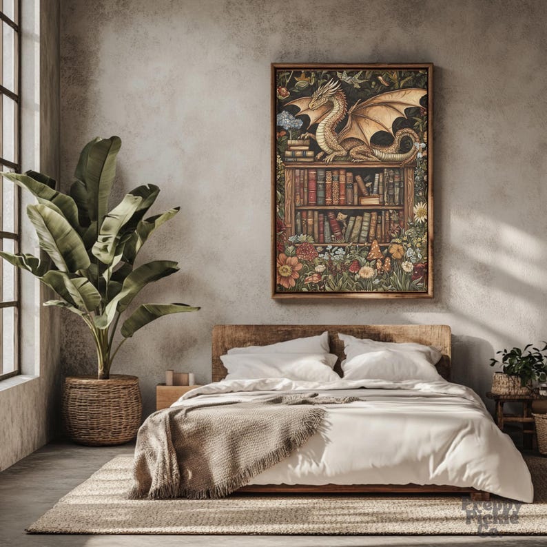 May include: A framed artwork featuring a dragon perched atop a bookshelf filled with books. The artwork is surrounded by colorful flowers and foliage. The room includes a bed with white linens, a woven rug, and a large potted plant.