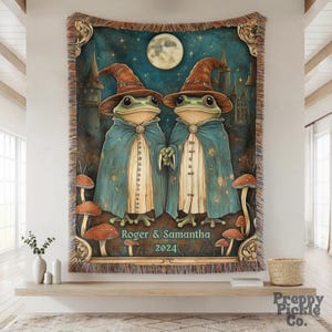 Wizard Frog Custom Couple Woven Throw, Enchanted Medieval Magical Fantasy Home Decor Blanket, Cottagecore Wedding Anniversary Valentine Gift