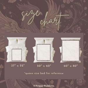 Op de afbeelding: Een beddengoed maattabel met drie bedmaten. De kleinste is 94 cm x 132 cm, de middelste is 127 cm x 152 cm en de grootste is 152 cm x 203 cm. De tekst "size chart" staat bovenaan.