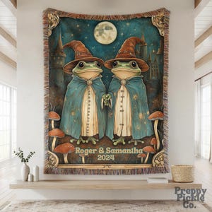 Wizard Frog Custom Couple Woven Throw, Enchanted Medieval Magical Fantasy Home Decor Blanket, Cottagecore Wedding Anniversary Valentine Gift