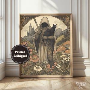 Medieval Knight and Black Cat Wall Art, Fantasy Cottagecore Home Decor, Moody Victorian Posters, Goth Knightcore Print, Printed and Shipped