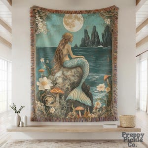 Vintage Mermaid Woven Blanket, Light Academia Wall Hanging Tapestry, Moody Cottagecore Decor Mermaid Lover Aesthetic Plush Throw Ocean Gifts