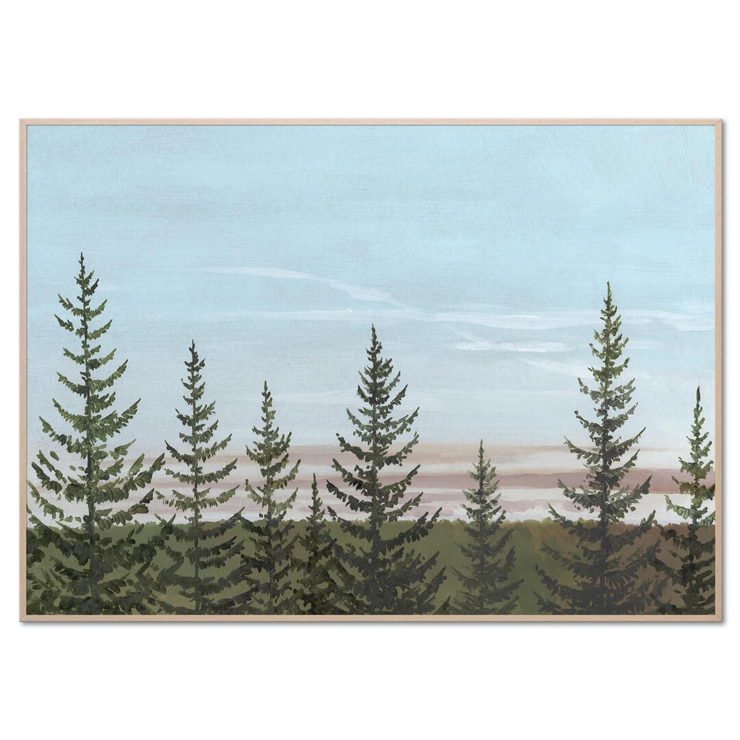Pine Trees Art Print Sunrise Forest Oil Painting Evergreen Trees Poster ...