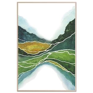 Scotland Landscape Watercolor Art Print Green Mountain Abstract Watercolor Painting Olive Green and Terracotta Wall Art by FineArtPrintNY