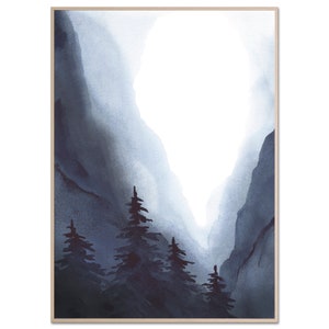 May include: A watercolor painting of a mountain range with a white sky and dark blue mountains. The mountains are covered in a light mist, and there are a few trees in the foreground.