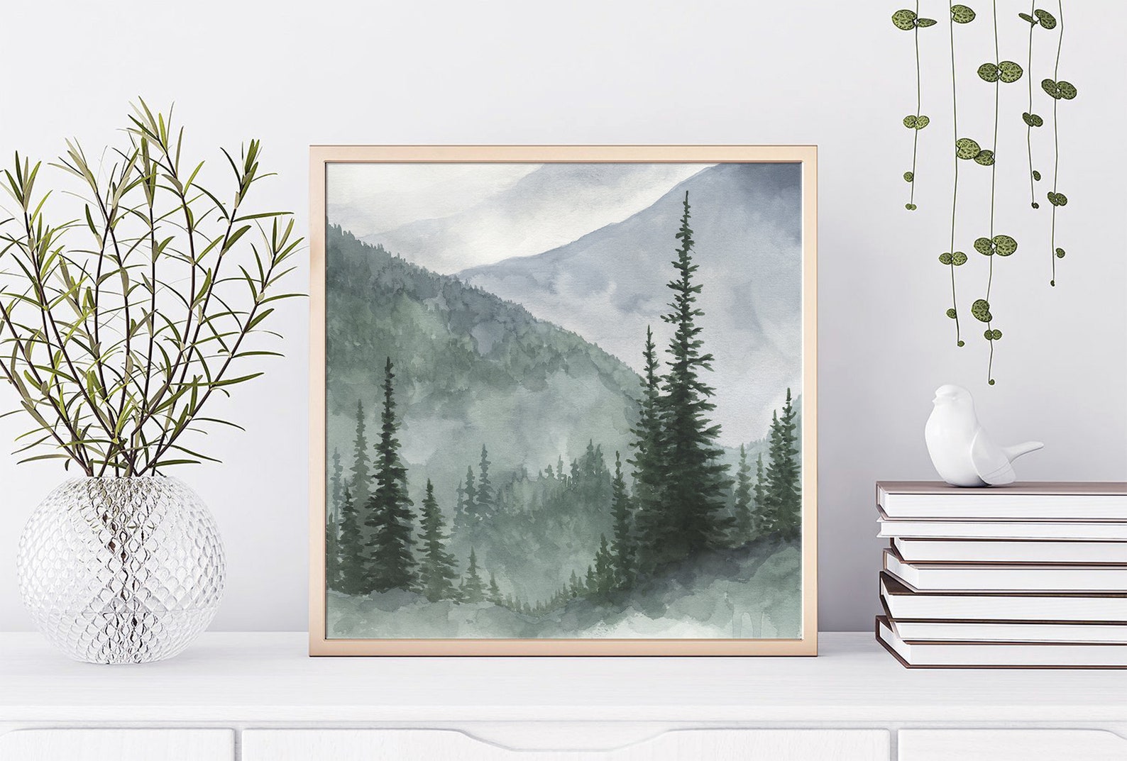 Mountain Forest Art Print Evergreen Trees Watercolor Painting Pine ...