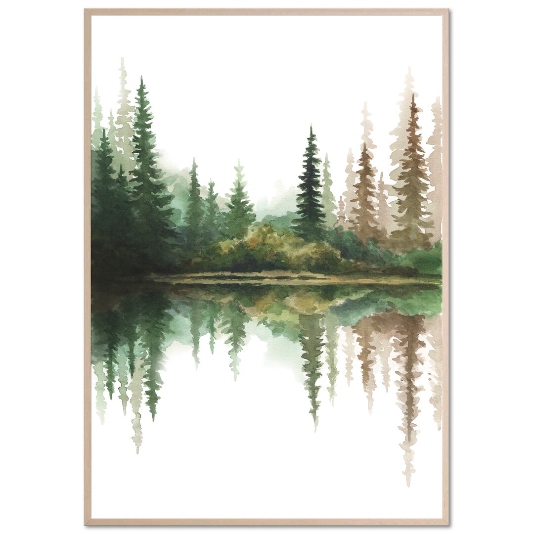 Evergreen Forest Art Print Forest Lake Watercolor Painting Pine Trees ...