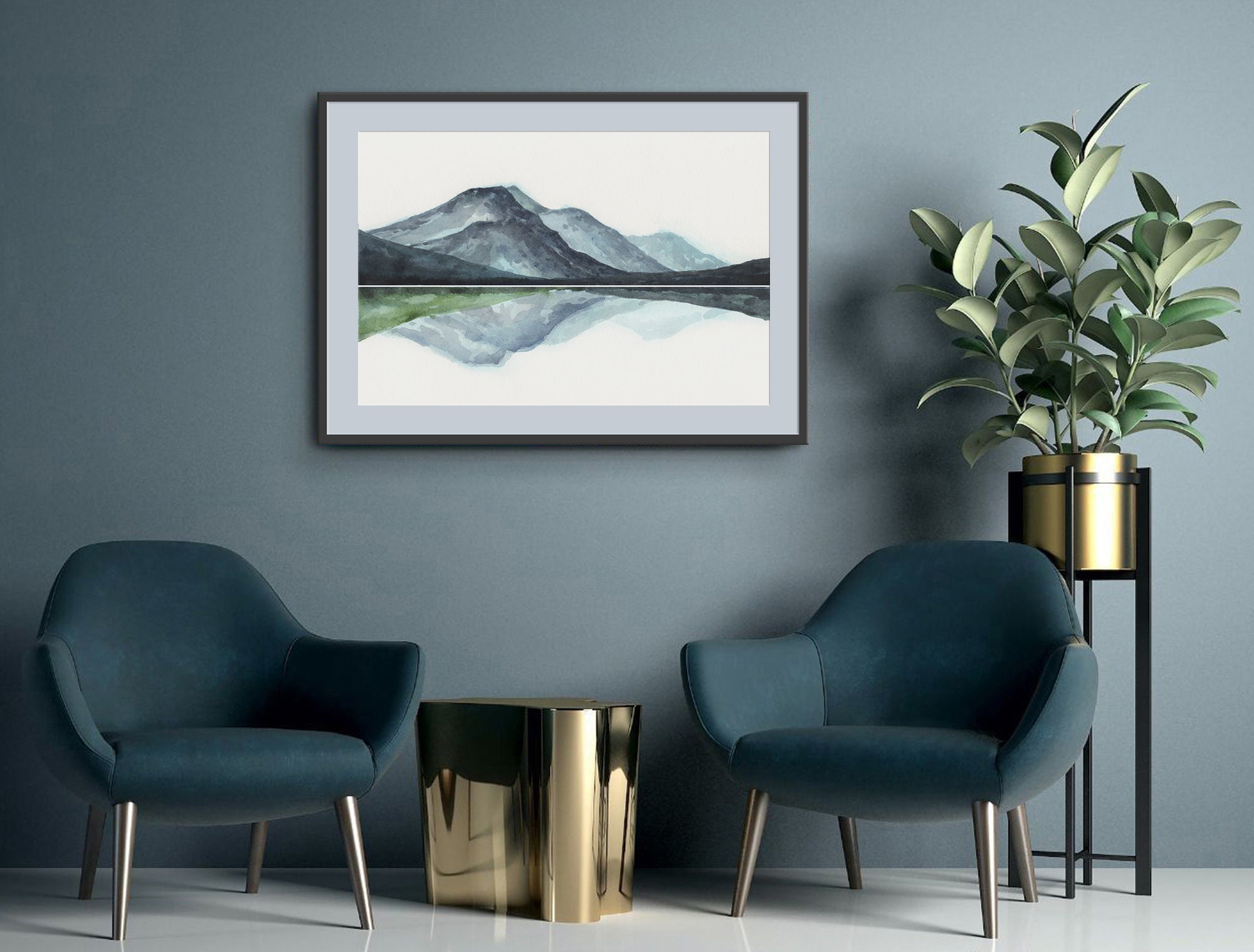 Mountain Lake Abstract Watercolor Art Print Indigo Blue Landscape Wall ...